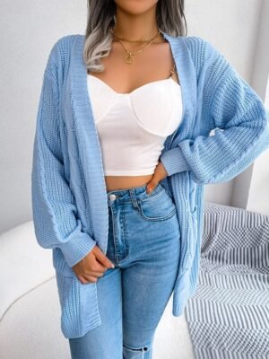 Casual Loose Pure Colour Open Front Long Sleeve Cardigan - Image 3