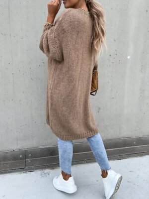 Casual Loose Pure Colour Open Front Long Sleeve Long Cardigan - Image 4