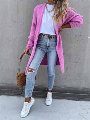 Casual Loose Pure Colour Open Front Long Sleeve Long Cardigan - Image 5