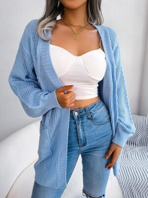 Casual Loose Pure Colour Open Front Long Sleeve Cardigan - Image 5