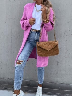 Casual Loose Pure Colour Open Front Long Sleeve Long Cardigan - Image 6