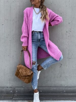 Casual Loose Pure Colour Open Front Long Sleeve Long Cardigan - Image 7