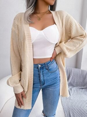 Casual Loose Pure Colour Open Front Long Sleeve Cardigan - Image 9