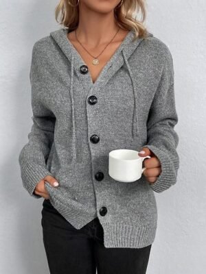 Casual Loose Pure Colour Ribbed Hooded Long Sleeve Cardigan - Image 1