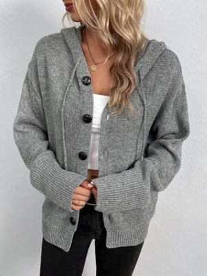 Casual Loose Pure Colour Ribbed Hooded Long Sleeve Cardigan - Image 2