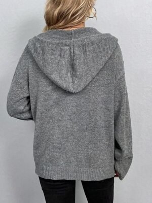 Casual Loose Pure Colour Ribbed Hooded Long Sleeve Cardigan - Image 3