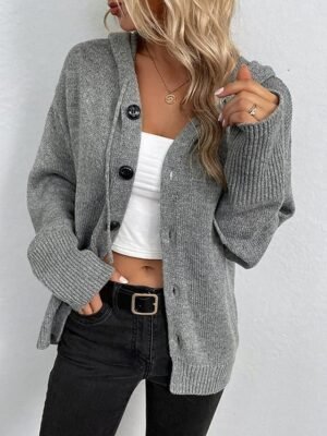Casual Loose Pure Colour Ribbed Hooded Long Sleeve Cardigan - Image 4
