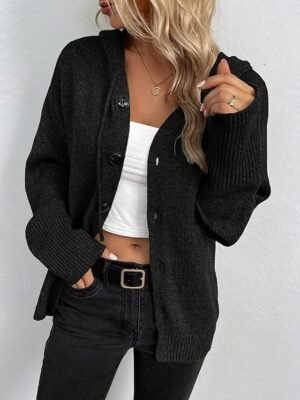 Casual Loose Pure Colour Ribbed Hooded Long Sleeve Cardigan - Image 5