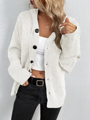 Casual Loose Pure Colour Ribbed Hooded Long Sleeve Cardigan - Image 6