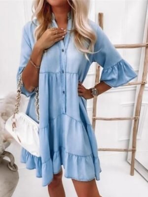 Casual Loose Pure Colour Shirt Collar Half Sleeve Midi Denim Dress - Image 5