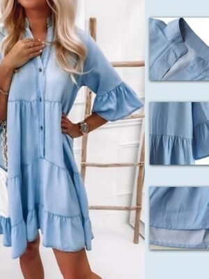 Casual Loose Pure Colour Shirt Collar Half Sleeve Midi Denim Dress - Image 6