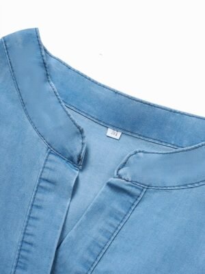 Casual Loose Pure Colour Shirt Collar Half Sleeve Midi Denim Dress - Image 7