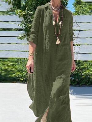 Casual Loose Pure Colour Shirt Collar Long Sleeve Maxi Dress - Image 1