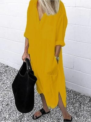 Casual Loose Pure Colour Shirt Collar Long Sleeve Maxi Dress - Image 15