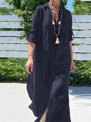 Casual Loose Pure Colour Shirt Collar Long Sleeve Maxi Dress - Image 5