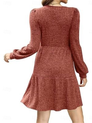 Casual Loose Pure Colour Square Neck Long Sleeve Knit Dress - Image 2