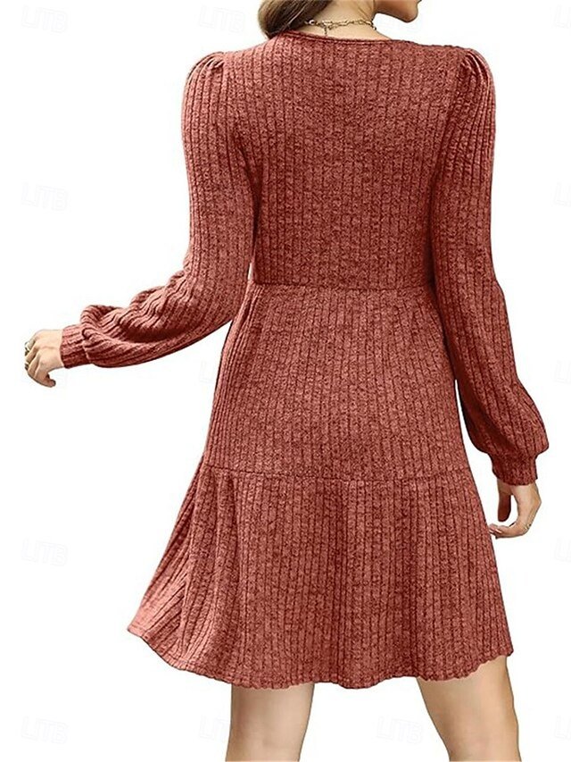 Casual Loose Pure Colour Square Neck Long Sleeve Knit Dress - Image 2