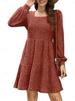 Casual Loose Pure Colour Square Neck Long Sleeve Knit Dress - Image 3