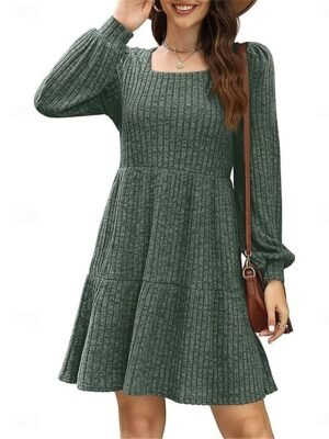 Casual Loose Pure Colour Square Neck Long Sleeve Knit Dress - Image 4