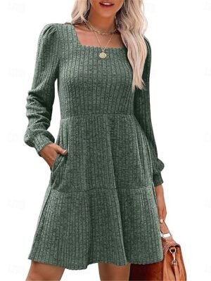 Casual Loose Pure Colour Square Neck Long Sleeve Knit Dress - Image 5