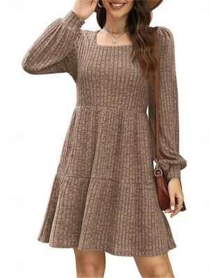 Casual Loose Pure Colour Square Neck Long Sleeve Knit Dress - Image 7