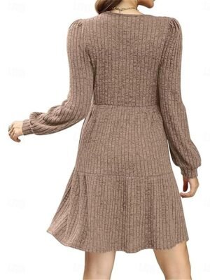 Casual Loose Pure Colour Square Neck Long Sleeve Knit Dress - Image 8