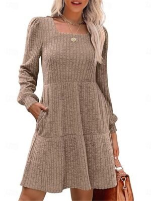 Casual Loose Pure Colour Square Neck Long Sleeve Knit Dress - Image 9