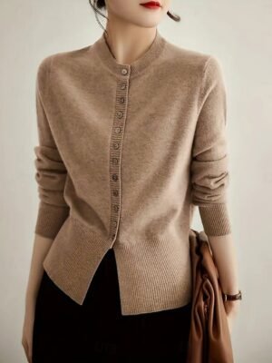 Casual Loose Pure Colour Stand Collar Long Sleeve Regular Cardigan - Image 6