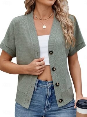 Casual Loose Pure Colour V Neck Button Short Sleeve Cardigan - Image 1