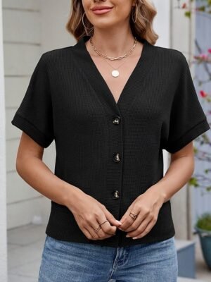 Casual Loose Pure Colour V Neck Button Short Sleeve Cardigan - Image 11