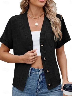 Casual Loose Pure Colour V Neck Button Short Sleeve Cardigan - Image 13
