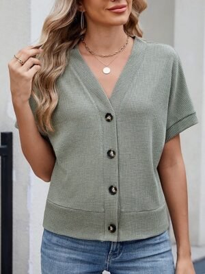Casual Loose Pure Colour V Neck Button Short Sleeve Cardigan - Image 4