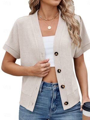 Casual Loose Pure Colour V Neck Button Short Sleeve Cardigan - Image 6