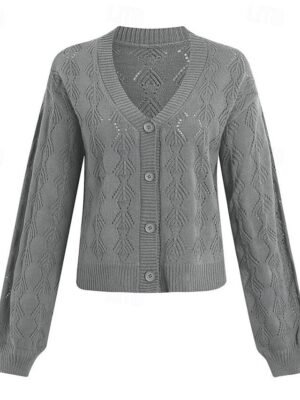 Casual Loose Pure Colour V Neck Long Sleeve Regular Cardigan - Image 2