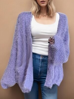Casual Loose Pure Colour V Neck Long Sleeve Regular Cardigan - Image 3