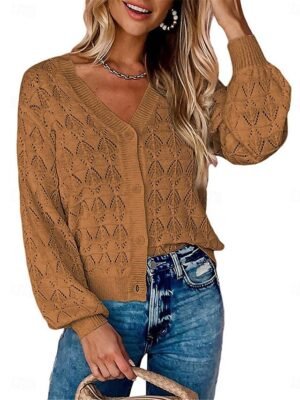 Casual Loose Pure Colour V Neck Long Sleeve Regular Cardigan - Image 4