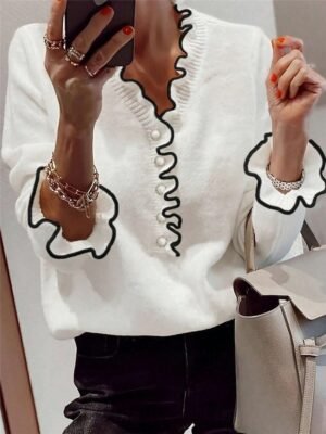 Casual Loose Pure Colour V Neck Ruffle Button Long Sleeve Cardigan - Image 1