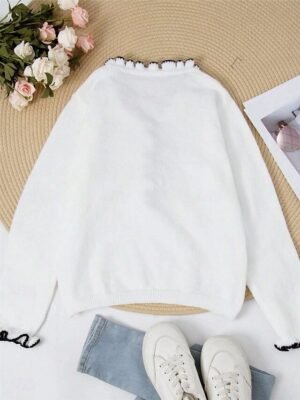 Casual Loose Pure Colour V Neck Ruffle Button Long Sleeve Cardigan - Image 2