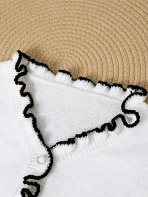 Casual Loose Pure Colour V Neck Ruffle Button Long Sleeve Cardigan - Image 3