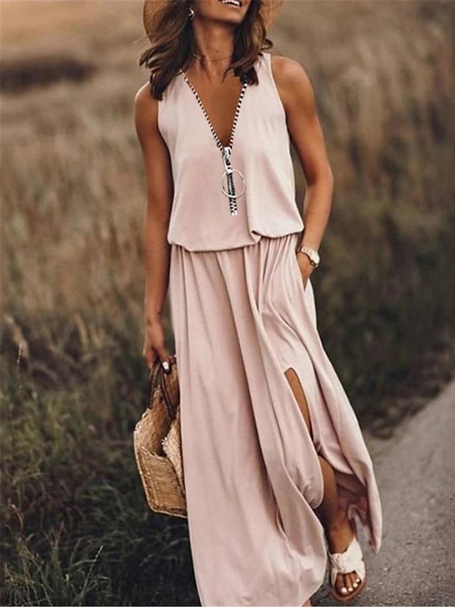 Casual Loose Pure Colour V Neck Sleeveless Maxi Dress - Image 1