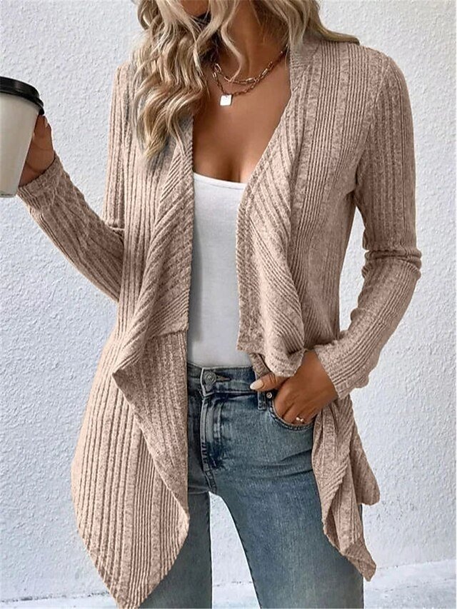 Casual Loose Pure Ribbed Open Front Long Sleeve Long Cardigan - Image 1