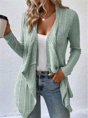 Casual Loose Pure Ribbed Open Front Long Sleeve Long Cardigan - Image 5