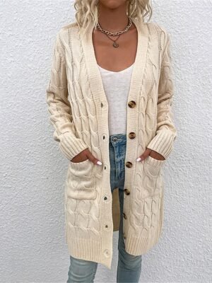 Casual Loose Pure Ribbed V Neck Long Sleeve Long Cardigan - Image 1