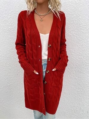 Casual Loose Pure Ribbed V Neck Long Sleeve Long Cardigan - Image 10