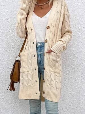 Casual Loose Pure Ribbed V Neck Long Sleeve Long Cardigan - Image 4
