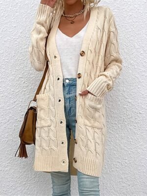 Casual Loose Pure Ribbed V Neck Long Sleeve Long Cardigan - Image 7