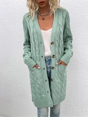 Casual Loose Pure Ribbed V Neck Long Sleeve Long Cardigan - Image 8