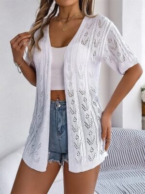 Casual Loose Pure V Neck Hollow Out Short Sleeve Regular Cardigan - Image 11