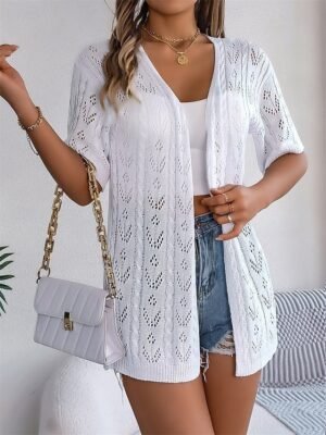 Casual Loose Pure V Neck Hollow Out Short Sleeve Regular Cardigan - Image 12