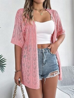 Casual Loose Pure V Neck Hollow Out Short Sleeve Regular Cardigan - Image 13